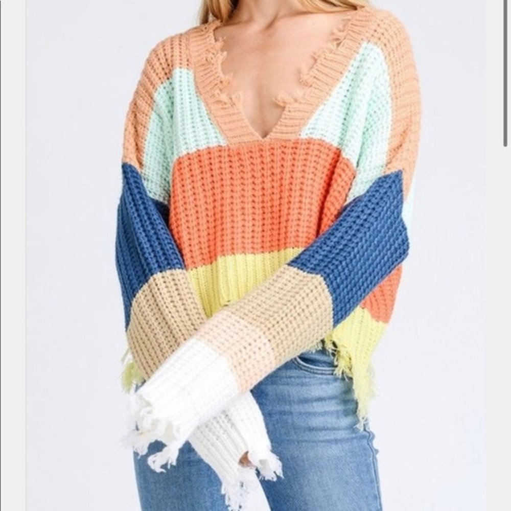 Storia Color Block Distressed Sweater